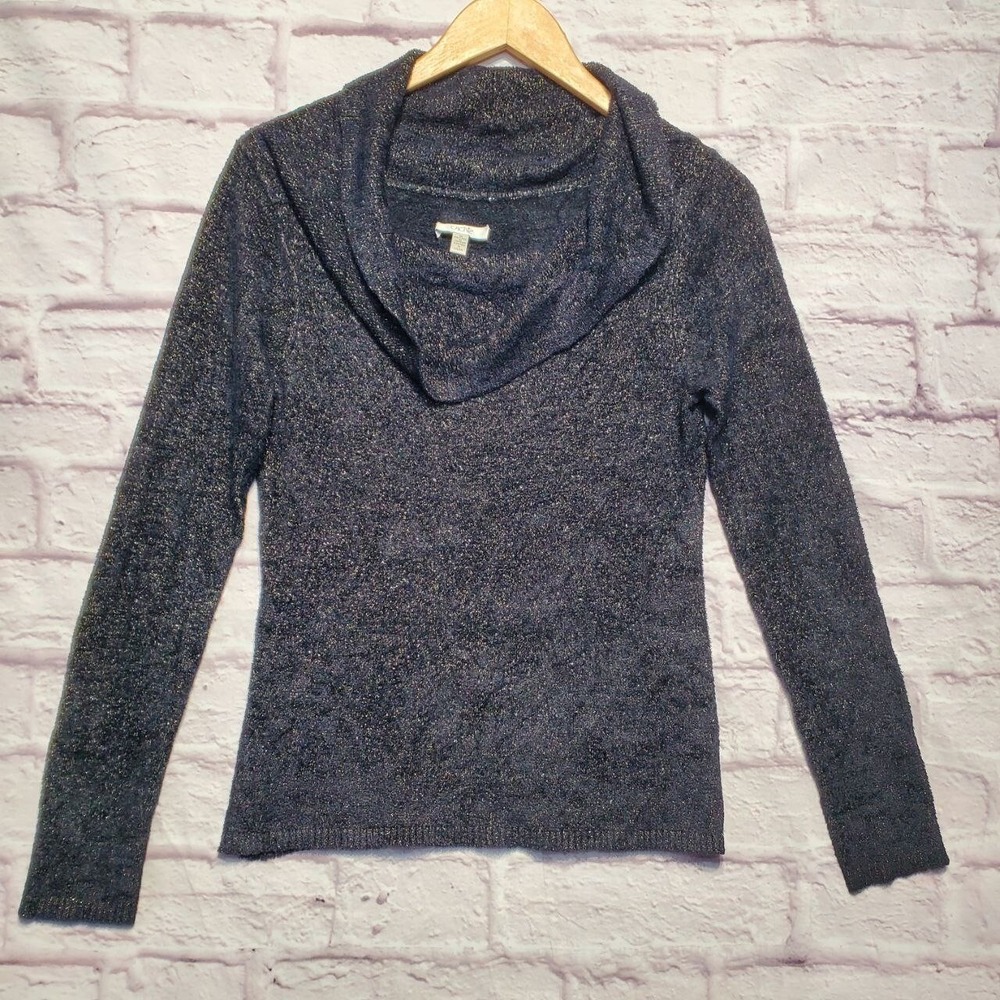 Cache Cowl Neck Sweater Womens Medium Black Gold Metallic Shimmer‎ Soft Fuzzy
